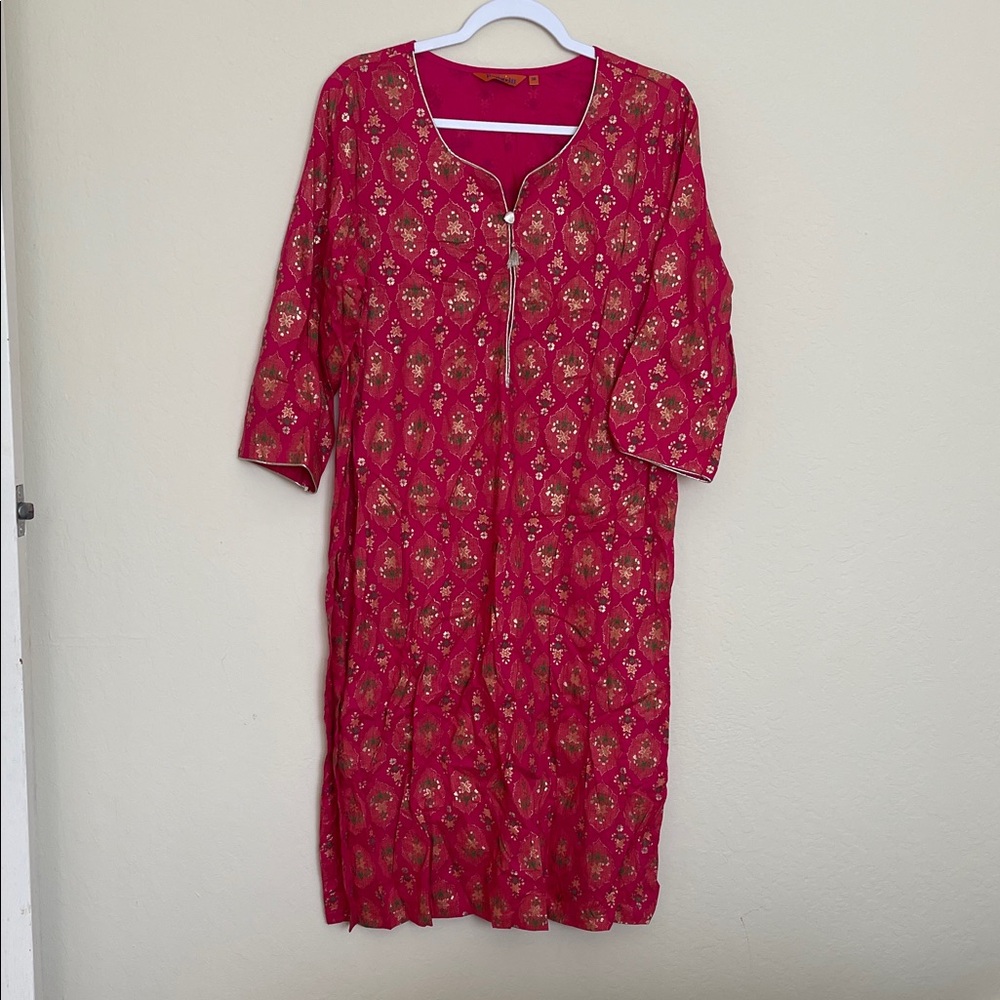 Pink and Gold Patterned kurtha set  Dress